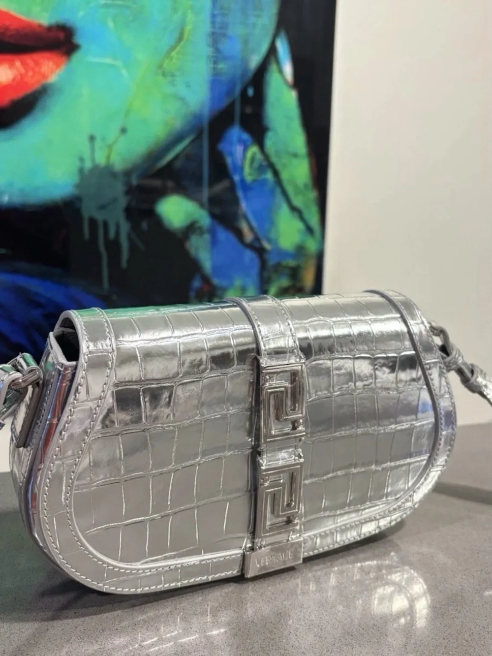 Versace Silver Croc-Embossed Crossbody Saddle Bag